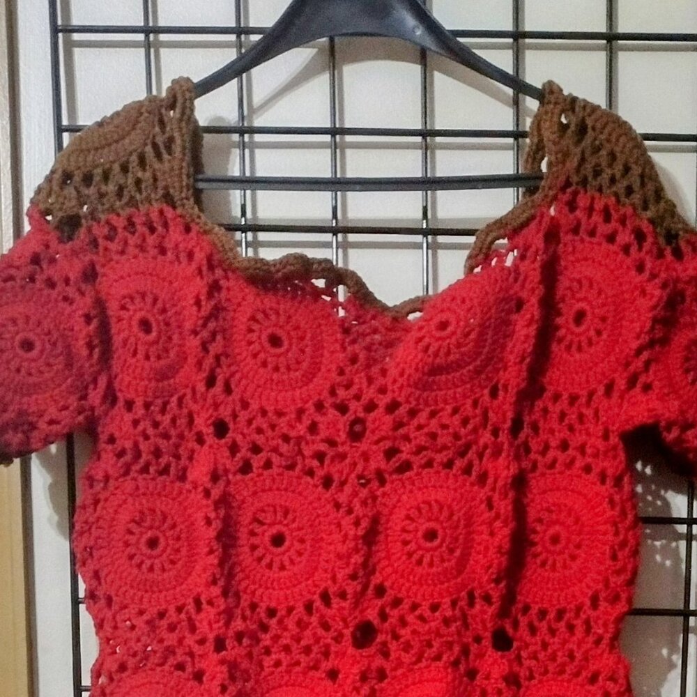 Red And Cinnamon Brown Circular Pattern Dress - image 3